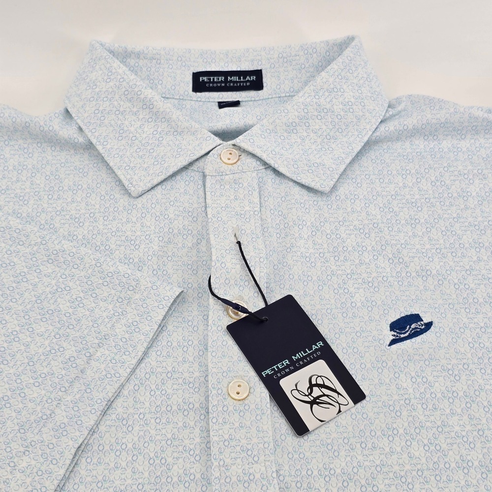 Peter Millar Crown Crafted Polo Mens Geometric Print Blue White XL MSRP $125 NWT